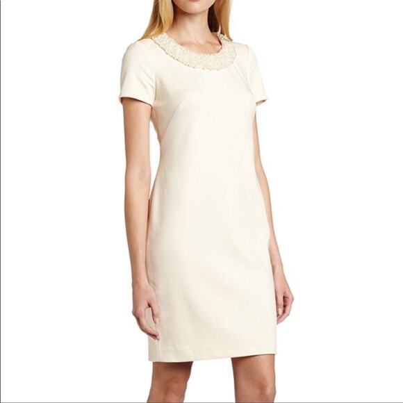 Jones New York Vintage Y2K Pearl Trim Ponte Off White Dress Size 4 - Picture 1 of 5
